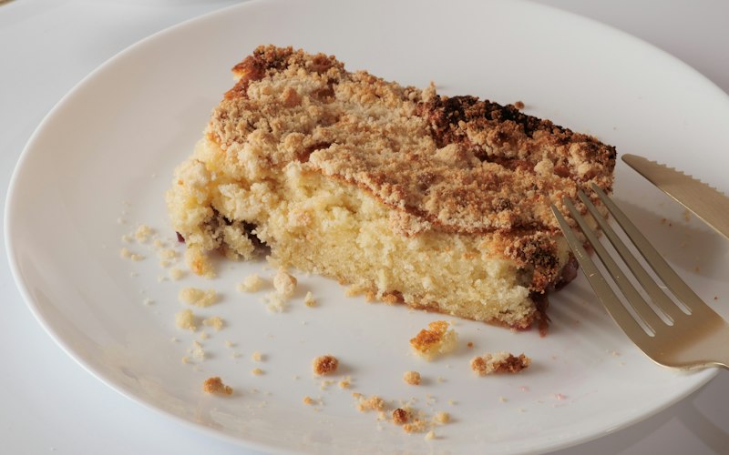 A slice of crumb cake on a plate, dusted with crumbs